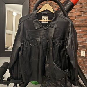 Zara Black Leather Button-Up Jacket